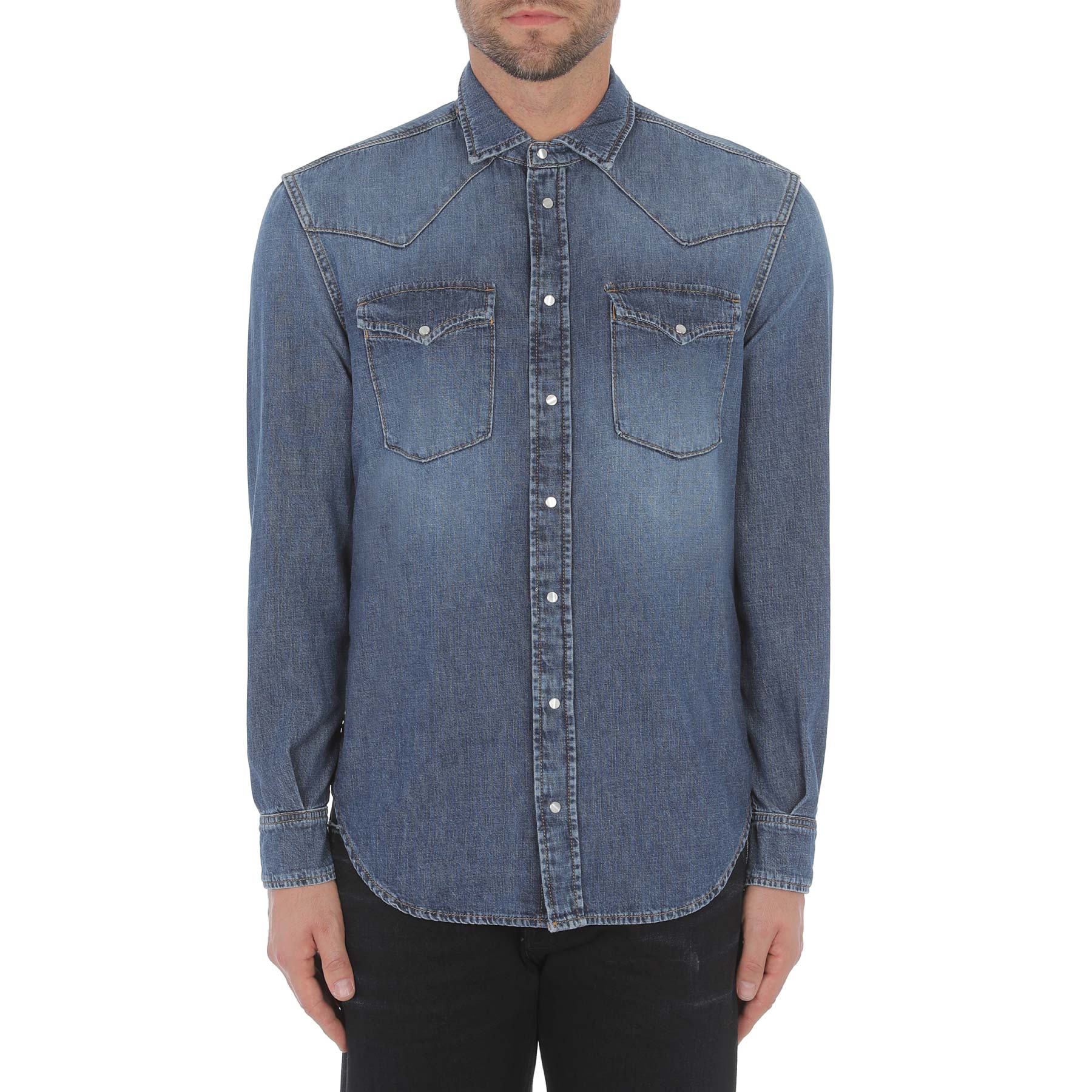 Western Style Shirt Rigid Denim Blue