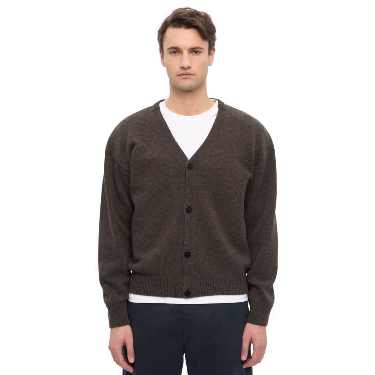Merino Wool V-Neck Cardigan Coffee Brown