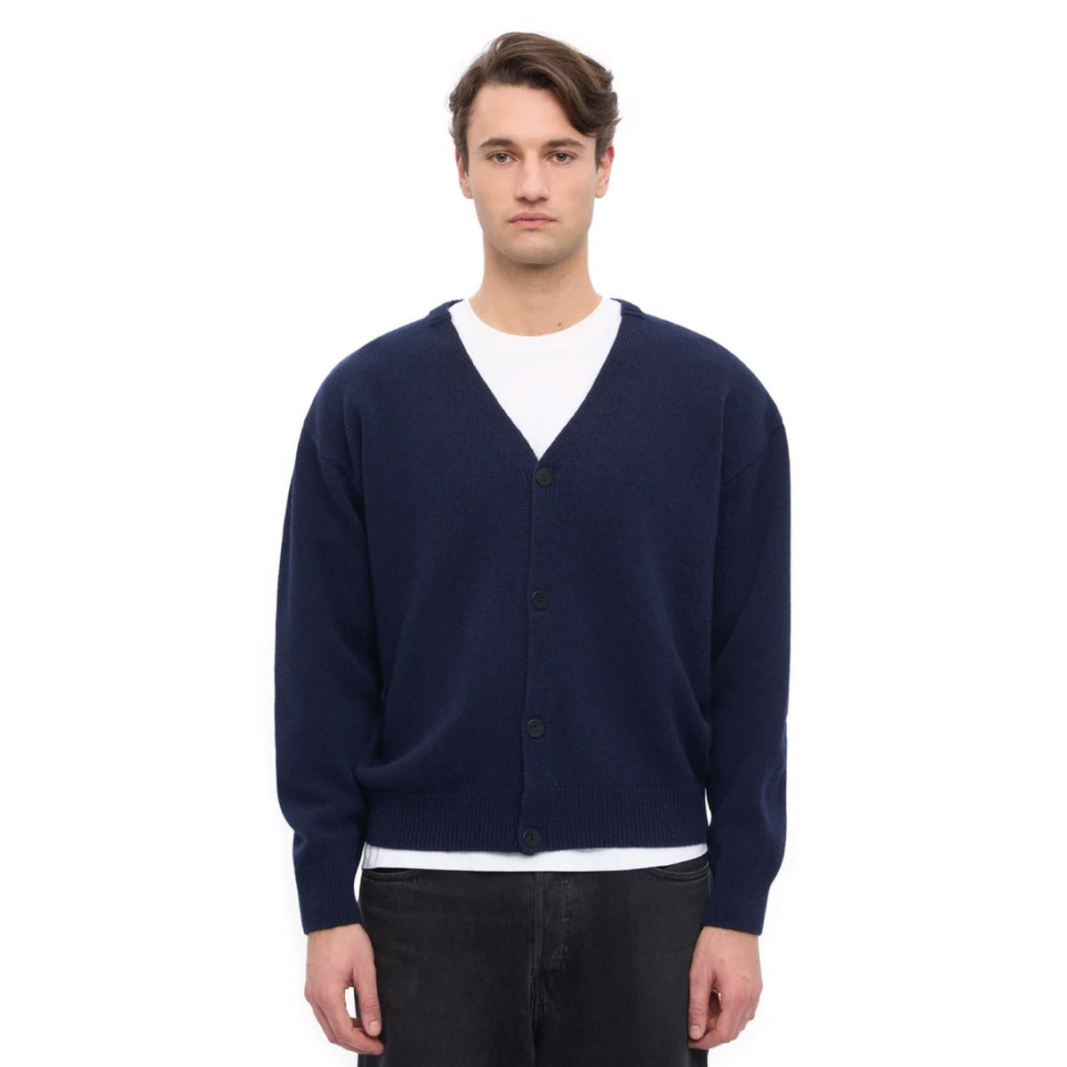 Merino Wool V-Neck Cardigan Navy Blue