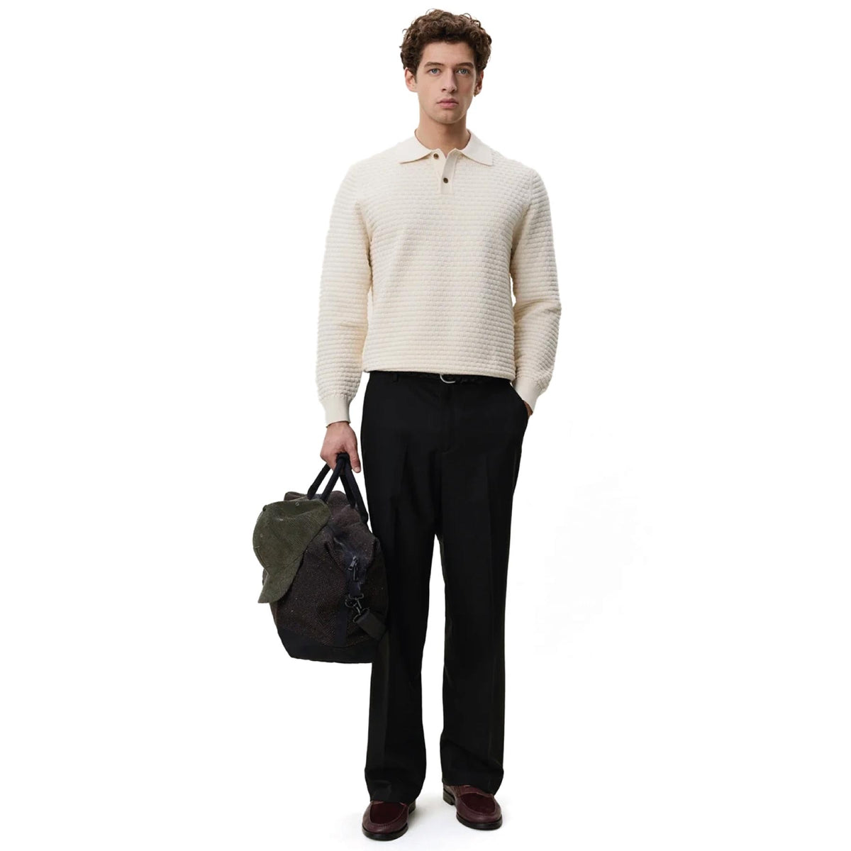 Check Structure Knitted LS Polo Light Ivory