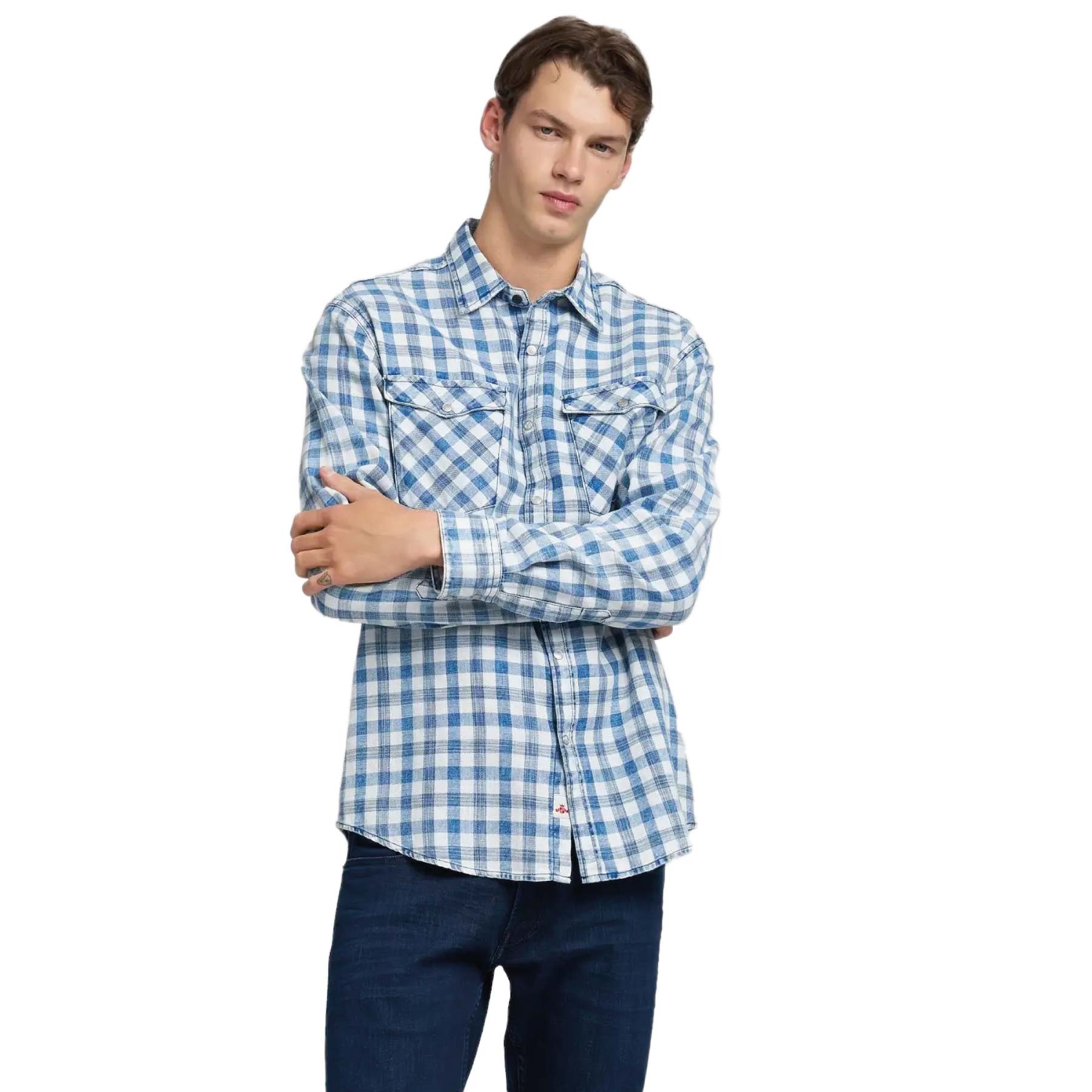 Shirt Bleached Indigo Checked Cotton